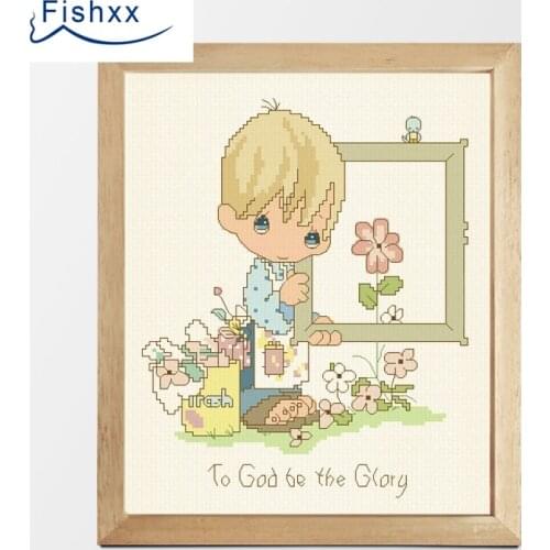 European Style Idyllic Cartoon Characters Fishxx Cross Stitch Kit H025 Sewing Flower Of The Boy Handrail Frame Natural Landscape