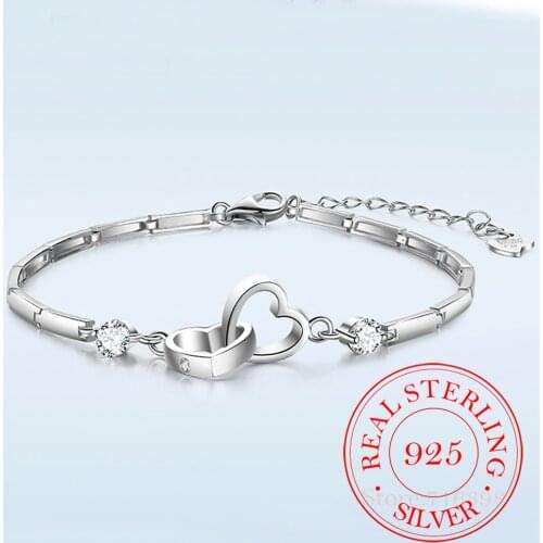 New Charms 925 Sterling Silver Bracelets Bangles for Women Valentines Days Gift Cubic Zircon Double Heart Bracelet Jewelry