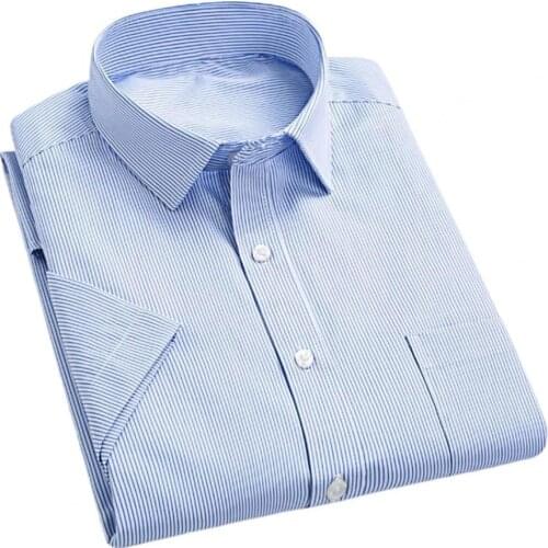 Men Shirt Formal Striped Anti-wrinkle Social Anti-wrinkle Soft Pocket Men Shirt Work Turn Down Collar Business Shirt Men Summer