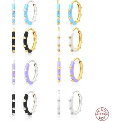 Aide 925 Sterling Silver Colored Enamel Hoop Earrings Purple Blue Black White Dripping Oil Beads Huggie Earrings Cartilage Hoop