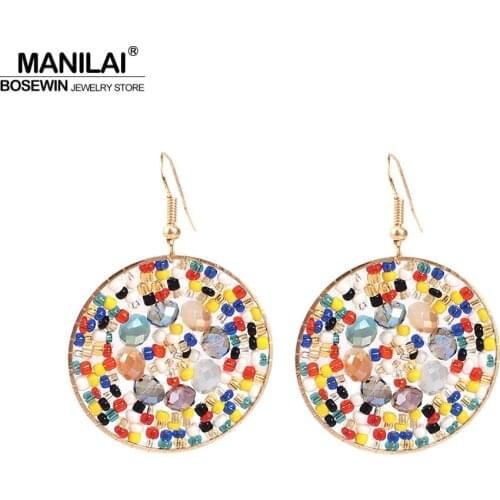 MANILAI Handmade Round Crystal Dangle Earrings Charm Multicolor Statement Big Drop Earrings For Women Ethnic Jewelry