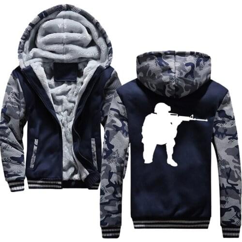 Warrior Soldier kneeling ready to shoot cover Tracksuit Men Thicken Velvet Casual Hooded Warm Thick Hoodie Solid Sweatshirt