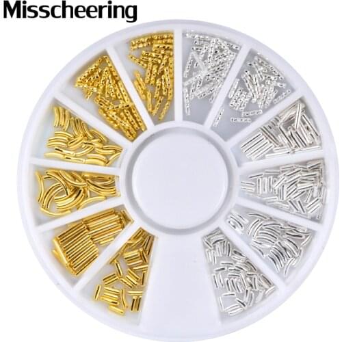1 Box Gold Silver Metal Rods Nail Art Decorations Wheels Straight Curve Design Charm 3d Nail Studs Manicure Accessories
