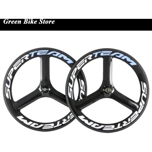 SUPERTEAM Full Carbon Fibre T700 Tri 65mm Depth 3 Spoke Road Bike Wheels Clincher 700C 3 Spoke Track Wheelset