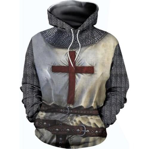 In Stock) Adult Men Medieval Knights Templar Armor Hoodie Crusader Cross 3D Print Hooded Pullover Halloween Sweatshirt Costume