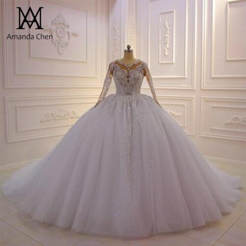 Vestido de novia princesa Long Sleeve Lace Applique Rhinestone Crystal Pure White Wedding Dress