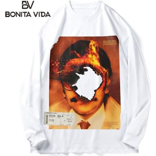 Bonita Vida Tshirts Hip Hop Burning Poster Print Long Sleeve Tees Shirts Streetwear Harajuku Casual Cotton Long Sleeve Tops