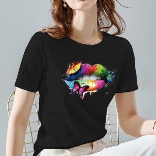 Womens O-neck T-shirt Fashion Sexy Lip Print Pattern Series Womens Top T-shirt High Quality Soft Ladies Commuter Short Sleeve