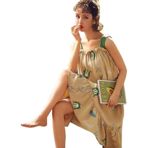 Women Summer Cotton Sleeveless Nightdress Cartoon Frog Cherry Letters Print Long Nightgown Plus Size Loose Ruffles Hem