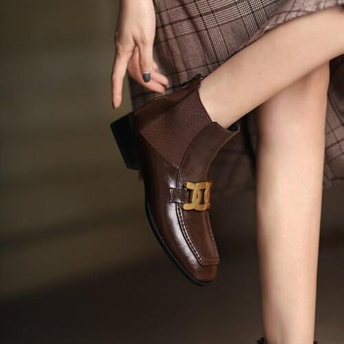 2021 Winter Boots Retro Pumps Women Shoes Round Toe Thick Heel Modern Women Boots Heels Genuine Leather Ankle boots grown