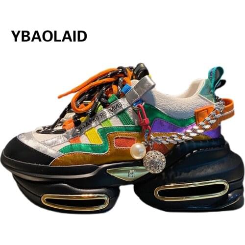 New Cowhide Color Matching Color Lace-up Pearl Rhinestone Chain Round Toe Waterproof Platform Platform Daddy Shoes Sneakers