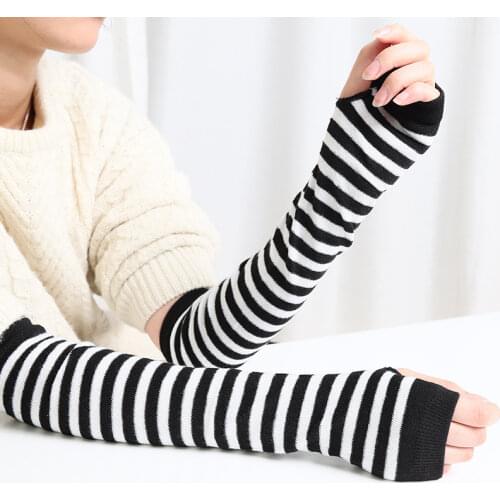 Women Fashion Lady Striped Elbow Gloves Warmer Knitted Long Fingerless Gloves Elbow Mittens Christmas Accessories Gift