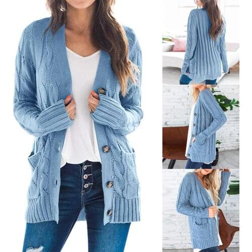 Women Winter Solid Color Buttons Pockets Braid Knitted Sweater Coat Cardigan