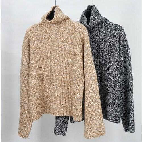 7Evening High-end Wool Blend Grey/Brown High Collar Knit Sweater Top With Long Sleeves - Newest Ladies/Ladies Knitting Pullover