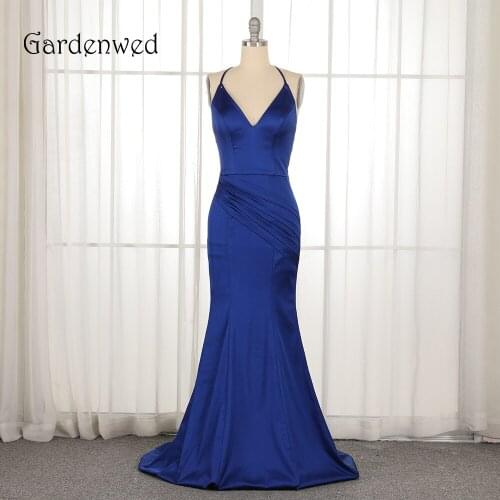 Gardenwed New Blue Mermaid Evening Dress Elegant V Neck Halter Backless Satin Occasion Dresses for Women