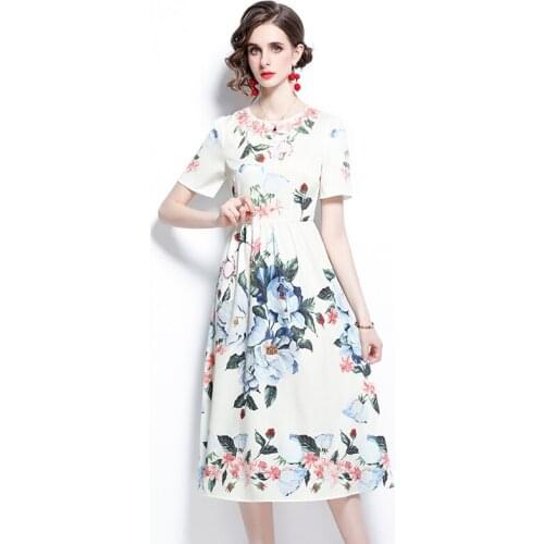 Elegant Summer Women Floral Midi Dress Female O-Neck Short Sleeve High Waist Slim Flower Print Beach Vacation Vestidos k2067