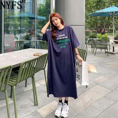 NYFS Summer Dress 2021 Korean New Loose Letter Print Woman Dress Vestidos Robe Elbise Fashion Short Sleeve Dresses(No Shoulder)