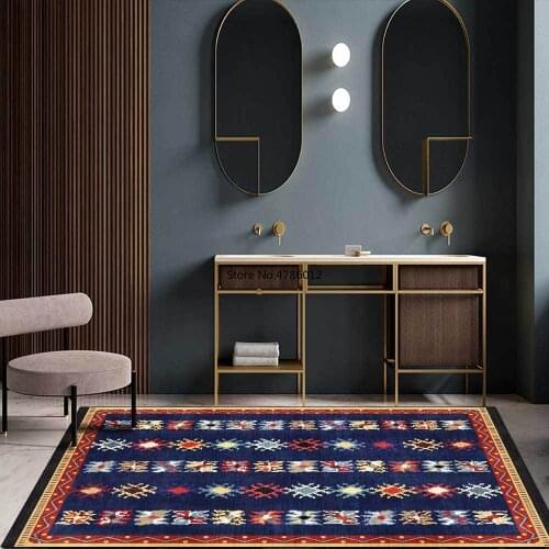 200x300cm American Retro Blue Abstract Geometric Ethnic Style Living Room Bedroom Bedside Carpet Floor Mat Customization