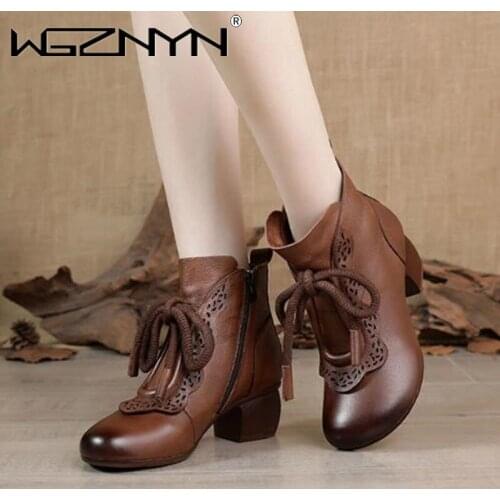 Fashion Soft-Soled Womens Boots Folk Style Retro Leather Martin Boots Warm And Comfortable Cotton Shoe Side Zipper Single Boots