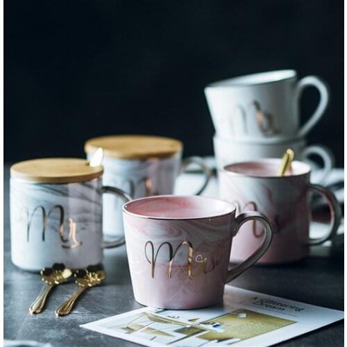Cearive 350ml Marble Ceramic Coffee Mug Milk Tea Breakfast Cups Mr and Mrs Gold Inlay Mugs For Gifts