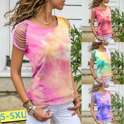 Kuelawear T-shirt Color Gradient Hollowed Out Tops Summer Ladies Cotton Round Neck T-shirts Casual Loose Tops Plus Size S-5XLTop