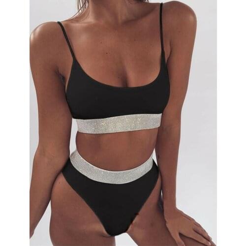 Summer Swimwear Women Sexy Bikini Crystal Push Up Padded Bra Swimsuit Bathing Beachwear White Black Holiday