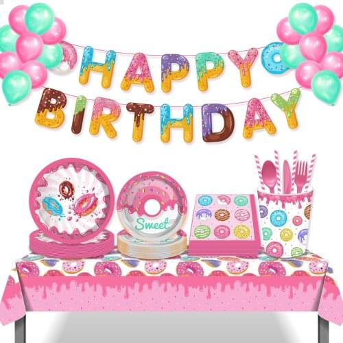 Sweet Donuts Theme Party Decorations Disposable Tableware Sets Plates Napkins Cups Kids Baby Shower Happy Birthday Party Favors