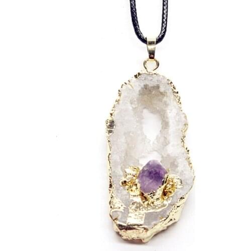 Trendy-beads Unique Light Yellow Gold Color Irregular Shape Natural Rock Crystal with Amethysts Pendant Ethnic Jewelry