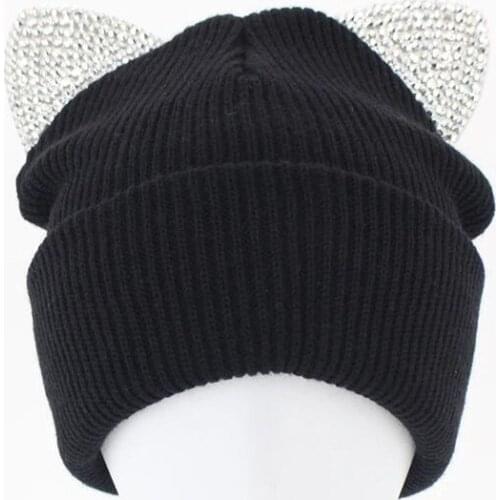 Stones Beanie for Women 2020 Girls Knit Warm Thick Winter Black Beanie Hat Rhinestone Skullies with Ears
