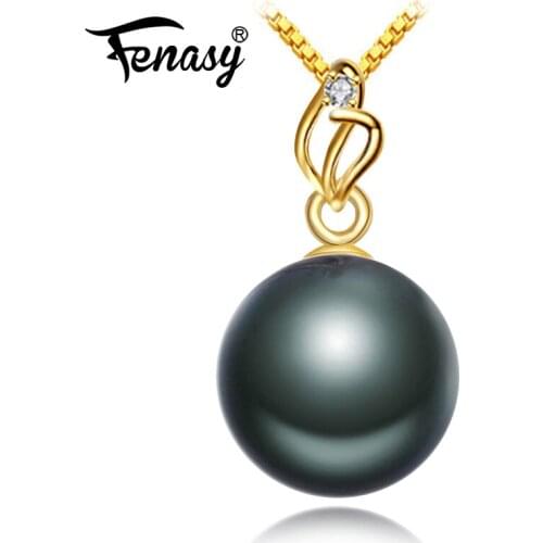 FENASY 18K Gold Pendant Big Round Tahitian Black Pearl Elegant Evening Dinner Party Wedding Jewelry Send With Silver Necklace