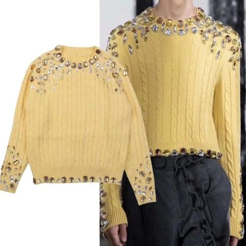 Luxury Diamond Runway High Quality Beading Autumn Winter Vintage Knitted Pullover Elegant Twist Purple Yellow Full Sleeve Jumper