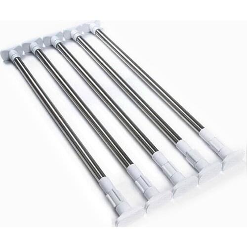 50-200cm Adjustable Stainless Steel Spring Tension Rod Rail with Rubber Rectangular Heads for Clothes Towels Curtains Organizers