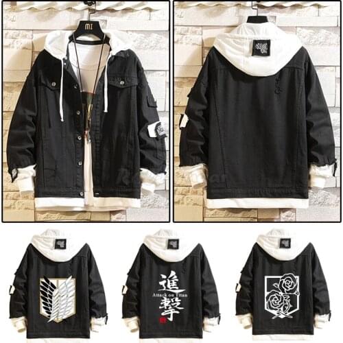 S-4XL Attack on Titan Jeans Jackets Scout Regiment Cosplay Costume Spring Black Unisex Hooded Denim Coat Sweatshirt C75K245