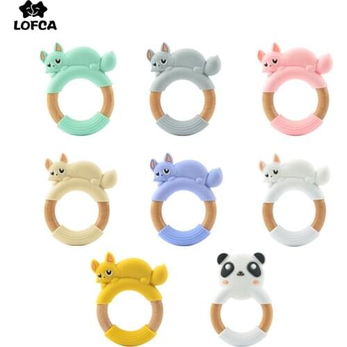 Silicone Fox Panda Teether Wooden Ring BPA Free Nursing Accessories Chewable Wooden Baby Teethers Natural Safe Necklace Bracelet