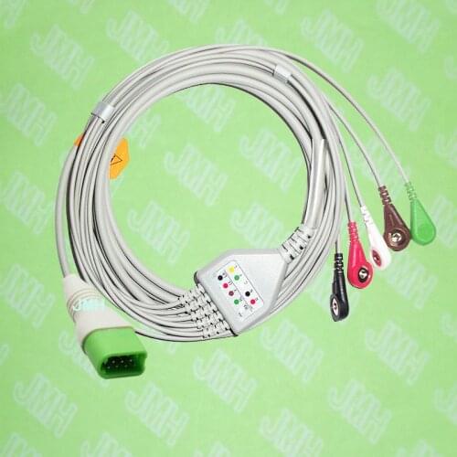 Compatible 12pin Mindray Datascope passport V, V12, V21 ECG Machine the one-piece 5 lead cable and snap leadwire,IEC or AHA