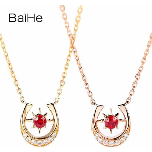 BAIHE Solid 18K Yellow Gold 0.09ct Round Natural Ruby Engagement Women Fine Jewelry Simple casual ruby diamond Necklaces