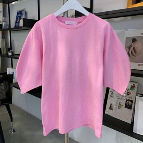 2021 Womens Summer Shirt Korean Round Neck Solid Color Slim Short T-shirt New Lantern Sleeve Female Short-sleeved Tops