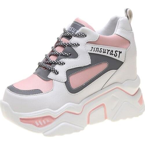 Women Chunky Sneakers Fashion Platform Sneakers Ladies 9CM Wedges Heels Casual Shoes For Woman Comfortable Leather Sports Shoes