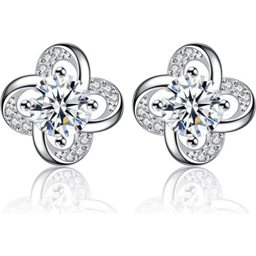 100% 925 sterling silver fashion cute flower shiny crystal stud earrings for women wholesale jewelry wedding gift drop shipping
