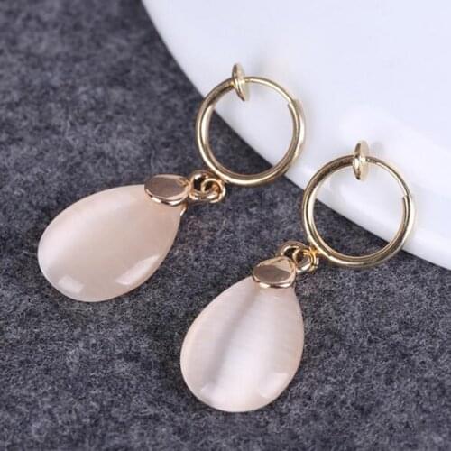 Grace Jun New Design Simple Opal Water Drop Shape Clip on Earrings Non Piercing for Women Party Wedding Elegant Earrings Bijoux
