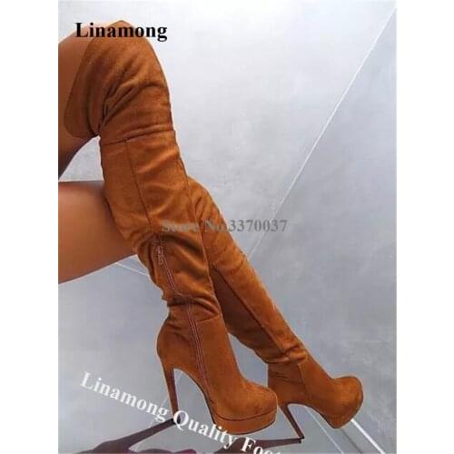 Linamong Women Sexy Round Toe Suede Leather High Platform Over Knee Boots Brown Slim Stiletto Heel Long Boots Dress Heels Boots