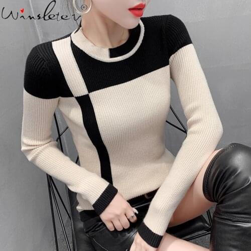 Fall Winter Korean Clothes Knitted Sweater Fashion Sexy O-Neck Contrast Color Patchwork Women All Match Pull Femme Tops T09106L