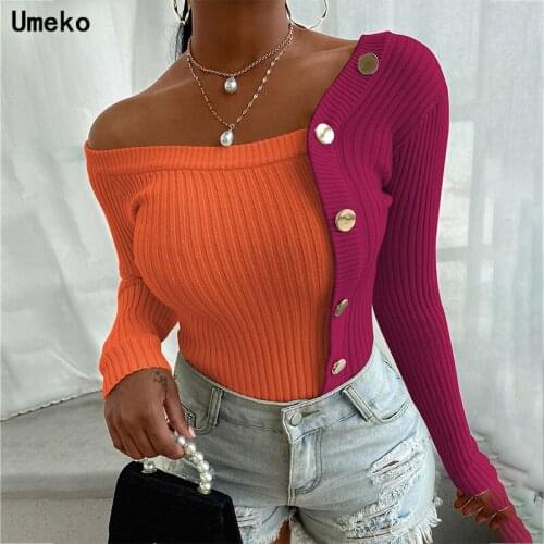 Umeko 2021 Autumn Winter Women Color Block Oversized Knitted Cardigan Sweater Jumper Button-up Female V-neck One Shoulder Tops