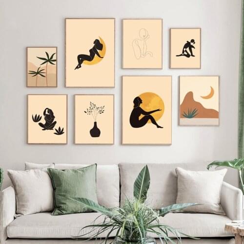 Abstract Woman Moon Plant Boho Landscape Wall Art Canvas Painting Nordic Posters And Prints Wall Pictures For Living Room Decor