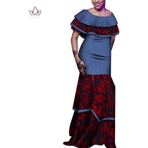 African Women Wedding Party Dress Bazin Riche African Clothing Lotus Collar Print Long Dress Bridesmaid Dress Engagement WY7059