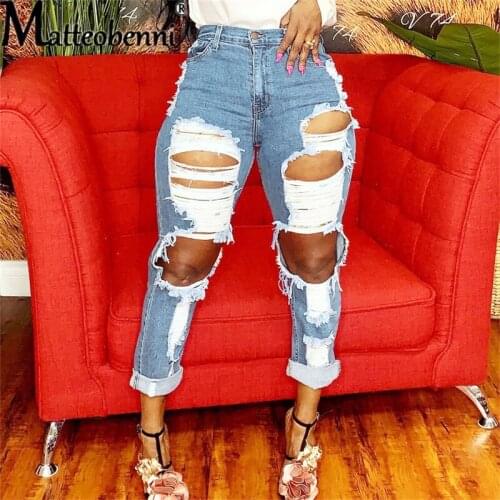 Streetwear Big Hole Destroyed Baggy Jeans Women High Waist Ripped Boyfriend Jeans For Women Oversized Broken Denim Jeans Large