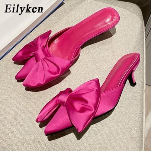 Eilyken New Pointed Toe Women Pumps Shoes Fashion Brand Kitten Heels Silk Butterfly-Knot Designer Ladies Slippers Sandals