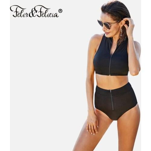 FELIX & FELICIA swimsuit women solid high waist swimwear sexy push up bikini female two-piece beach swimming zipper bathing suit