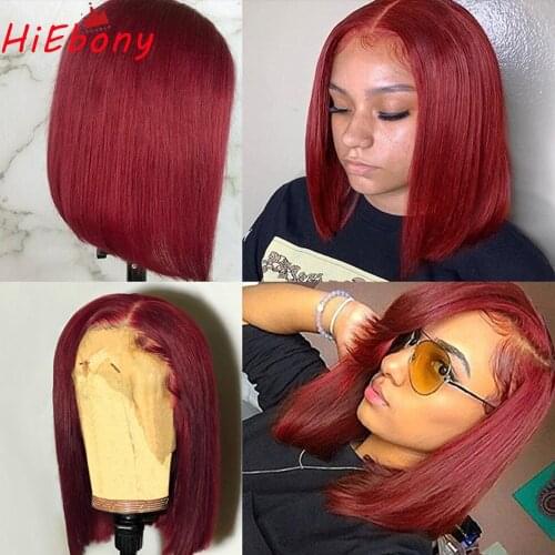 HiEbony Short Deep Red Bob Lace Front Human Hair Wigs Bleached Knots 180% Brazilian Remy Hair Lace Front Wigs for Black Women