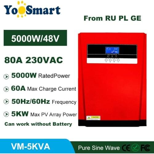 5000W MPPT Solar Inverter Pure Sine Wave Hybrid Inverter 80A All in One Solar Panel Charger and AC Charger 220V/230VAC for 500V